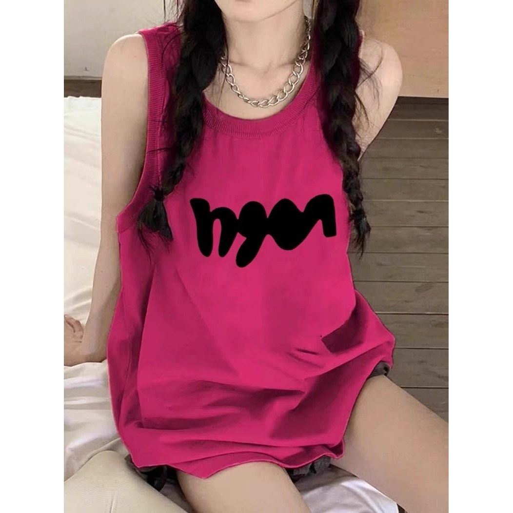 超火宽松背心上衣潮夏季玫红色显白中长款纯棉无袖吊带t恤衫女生,女装/女士精品,背心吊带,淘宝优惠券,粉丝福利购,淘宝优惠卷