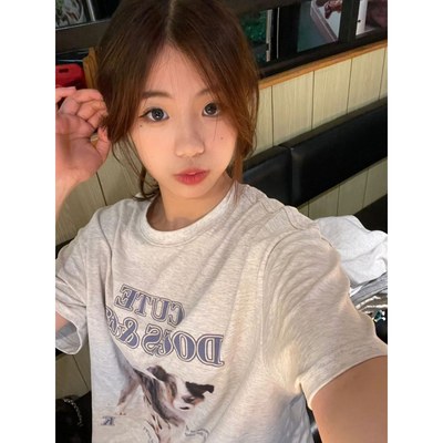 白灰色纯棉圆领短袖t恤女夏oversize设计感小众多巴胺穿搭上衣ins