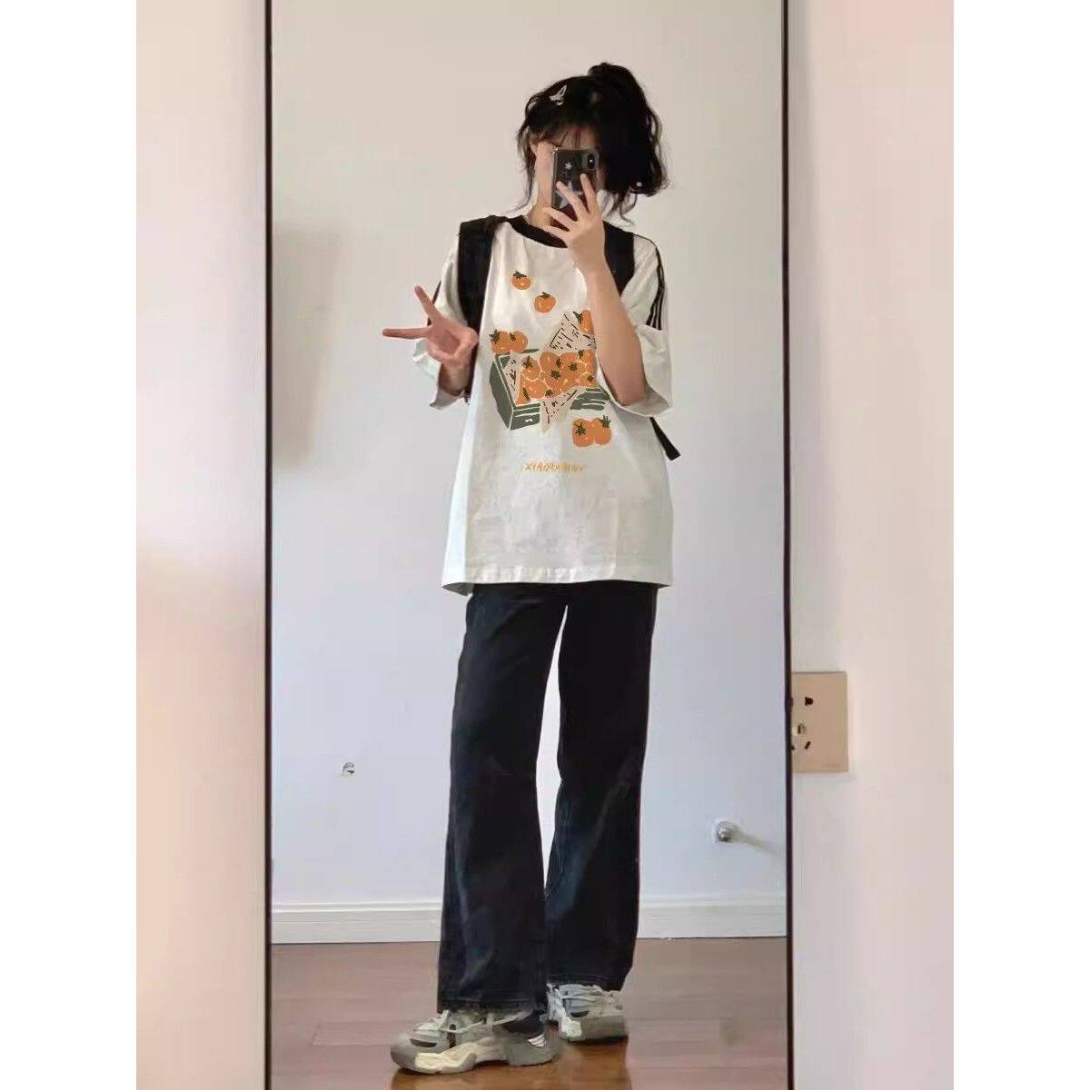 纯棉圆领插肩短袖t恤女夏季半袖2026新款美式潮牌宽松三条杠上衣