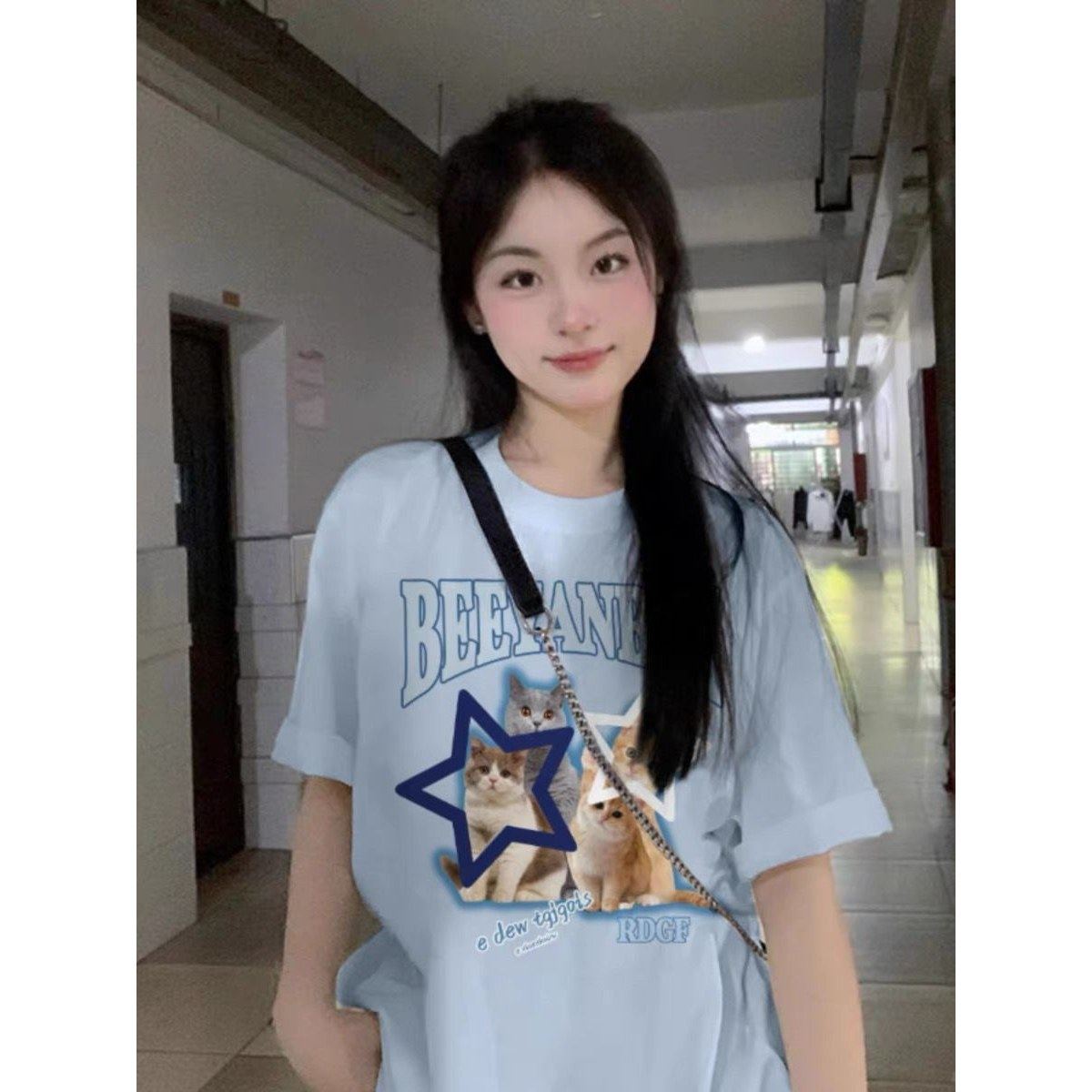 复古港风蓝色短袖t恤女夏季2024新款oversize宽松大码纯棉上衣ins,女装/女士精品,T恤,淘宝优惠券,粉丝福利购,淘宝优惠卷