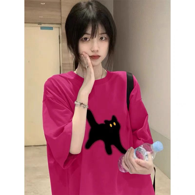美式复古街头玫红色t恤女夏宽松国潮猫咪短袖2024新款上衣ins小众