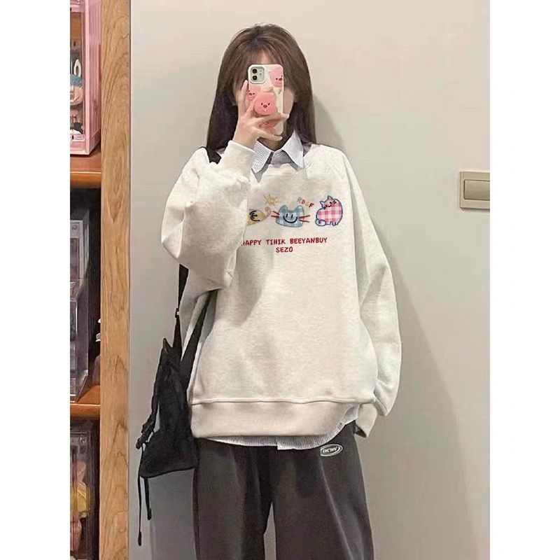 套头圆领无帽卫衣女秋冬美式潮牌中长款宽松清新加绒加厚长袖上衣