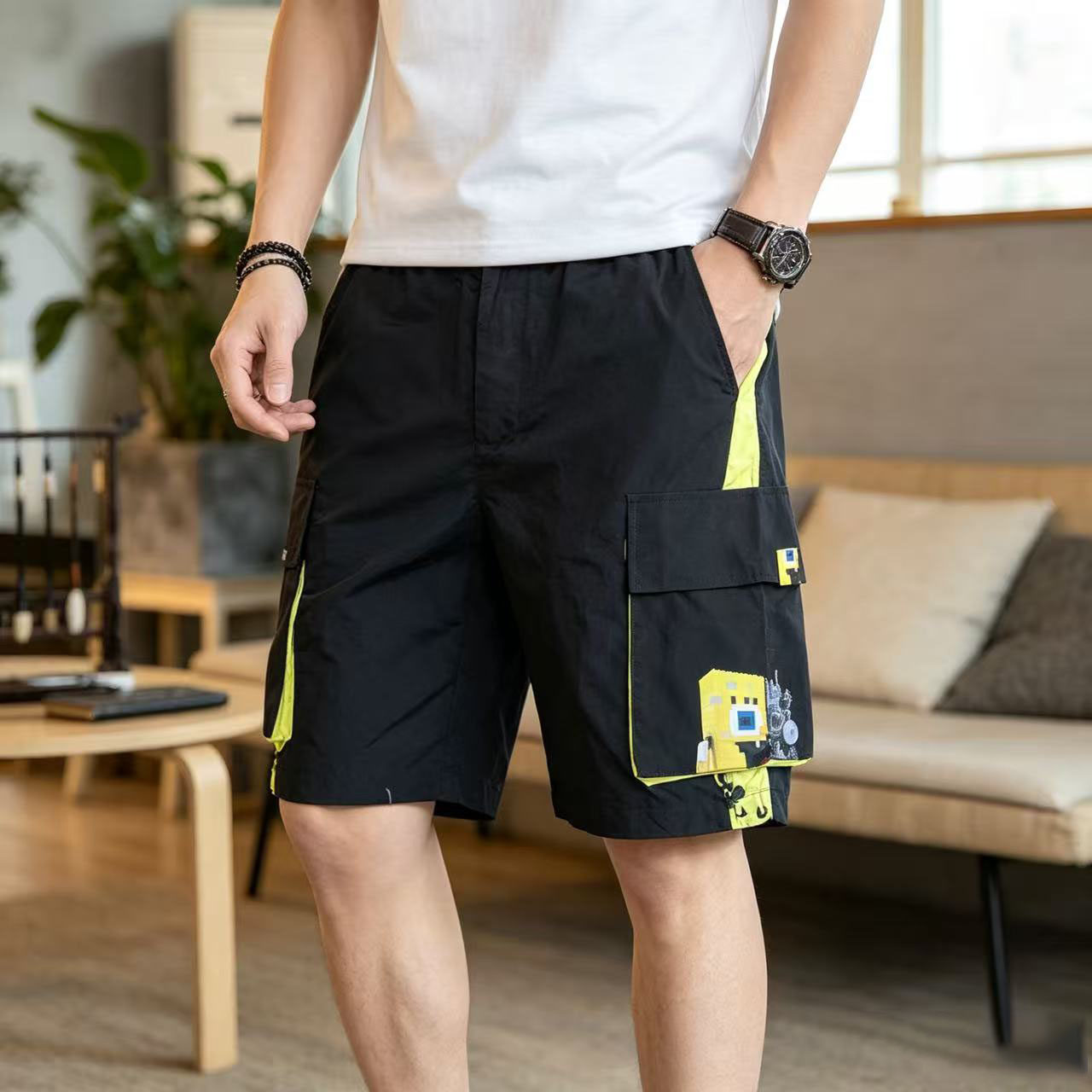 男士工装短裤男夏季潮牌宽松大码多口袋速干休闲五分裤黑色休闲裤