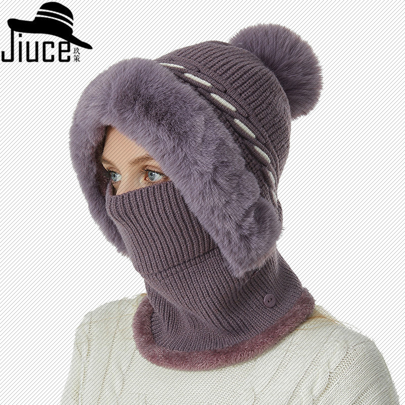 欧美新款帽子围脖连体套件拼色麻花纹针织帽加绒保暖护颈帽子