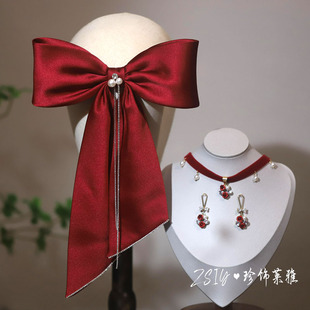 新款酒红色大蝴蝶结发夹新娘结婚订婚敬酒服头饰高级感后脑勺发卡