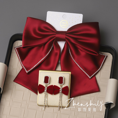 酒红色缎面大蝴蝶结发夹