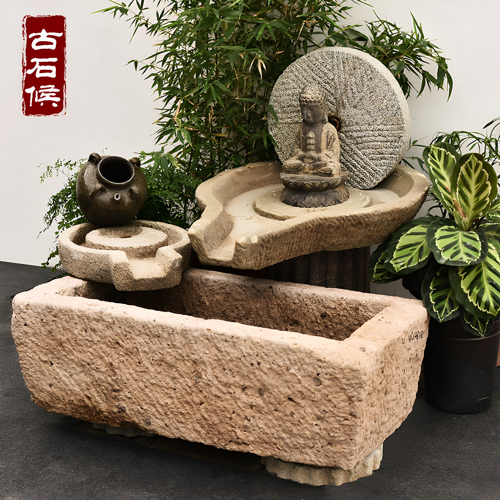 庭院老石槽水景摆件户外造景流水景观石头鱼缸石器水缸花园旧石缸