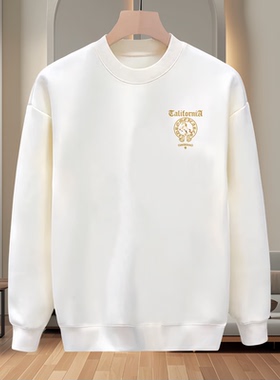 重磅休闲不易变形圆领卫衣男白色宽松印花长袖潮牌上衣打底衫