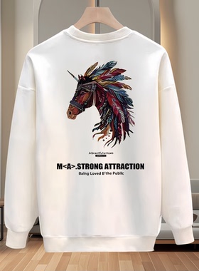 长袖宽松型潮牌独角兽印花圆领卫衣男个性印花落肩袖宽松白色卫衣