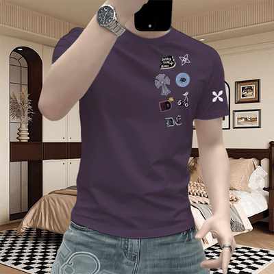 潮牌修身型套头短袖T恤男紫色印花重磅纯棉宽松百搭上衣