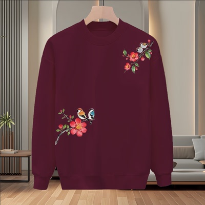 秋冬季套头圆领中式刺绣卫衣男圆领套头长袖加绒保暖个性印花上衣