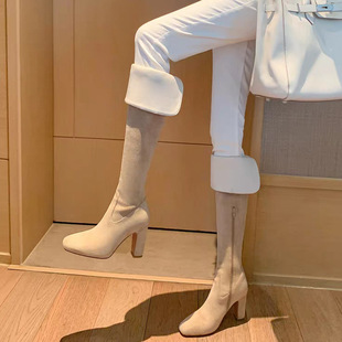 2025米色靴子女冬加绒高跟过膝靴新款 瘦瘦靴翻折长筒靴两穿高筒靴