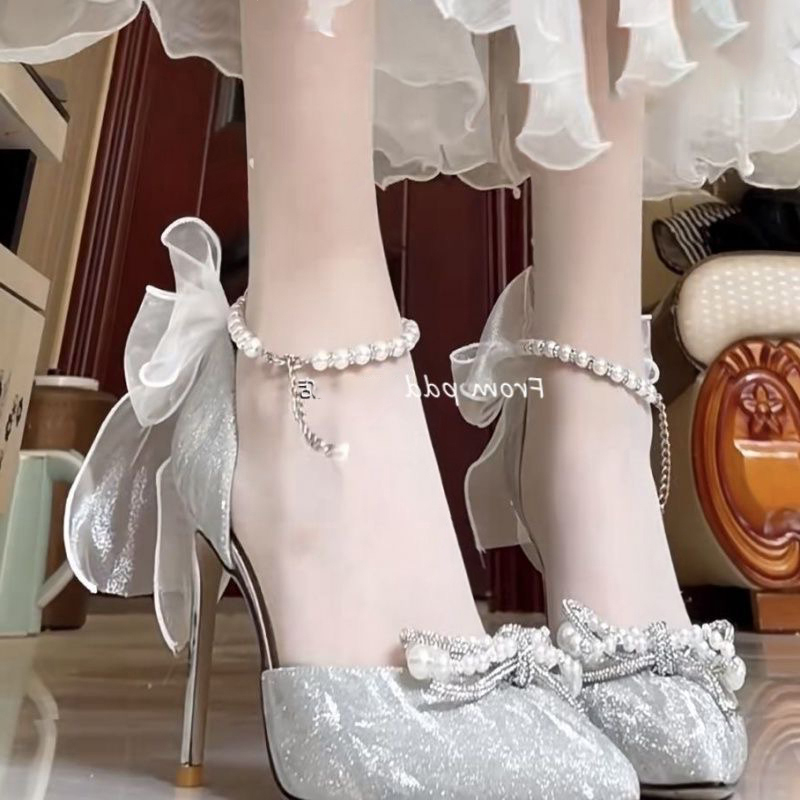银色高跟鞋女细跟18岁成年礼服婚纱两穿伴娘鞋中空水晶婚鞋新娘鞋