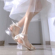 女夏2023新款 丝带蝴蝶结珍珠中跟粗跟仙女一字透明水晶高跟鞋 凉鞋