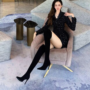 尖头长筒靴 高筒靴子细跟高跟鞋 过膝长靴女瘦瘦弹力靴子新款 秋冬季