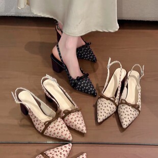 粗跟高跟鞋碎花蝴蝶结包头凉鞋仙女鞋子2026春夏季气质配裙子单鞋