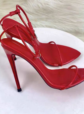 2026春季新款时尚性感超细一字扣带凉鞋细跟高跟鞋约会红色高跟鞋