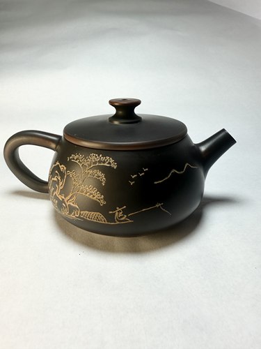 钦州坭兴陶茶壶纯全手工刻山水送礼茶具200毫升左右