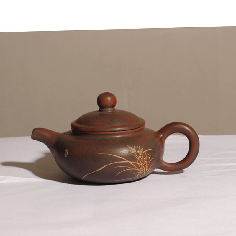 广西钦州坭兴陶茶壶 仿古兰花写意手工雕刻壶