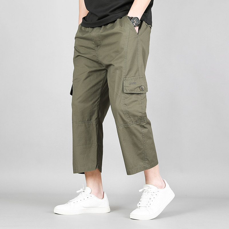 夏季薄款高腰八分裤男宽松九分裤工装裤短裤纯棉中老年爸爸休闲裤