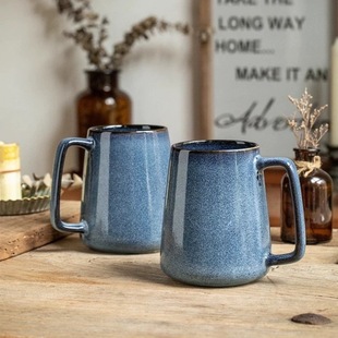复古陶瓷马克杯700ML大容量悉尼蓝色带盖水杯咖啡杯窑变釉易清洗