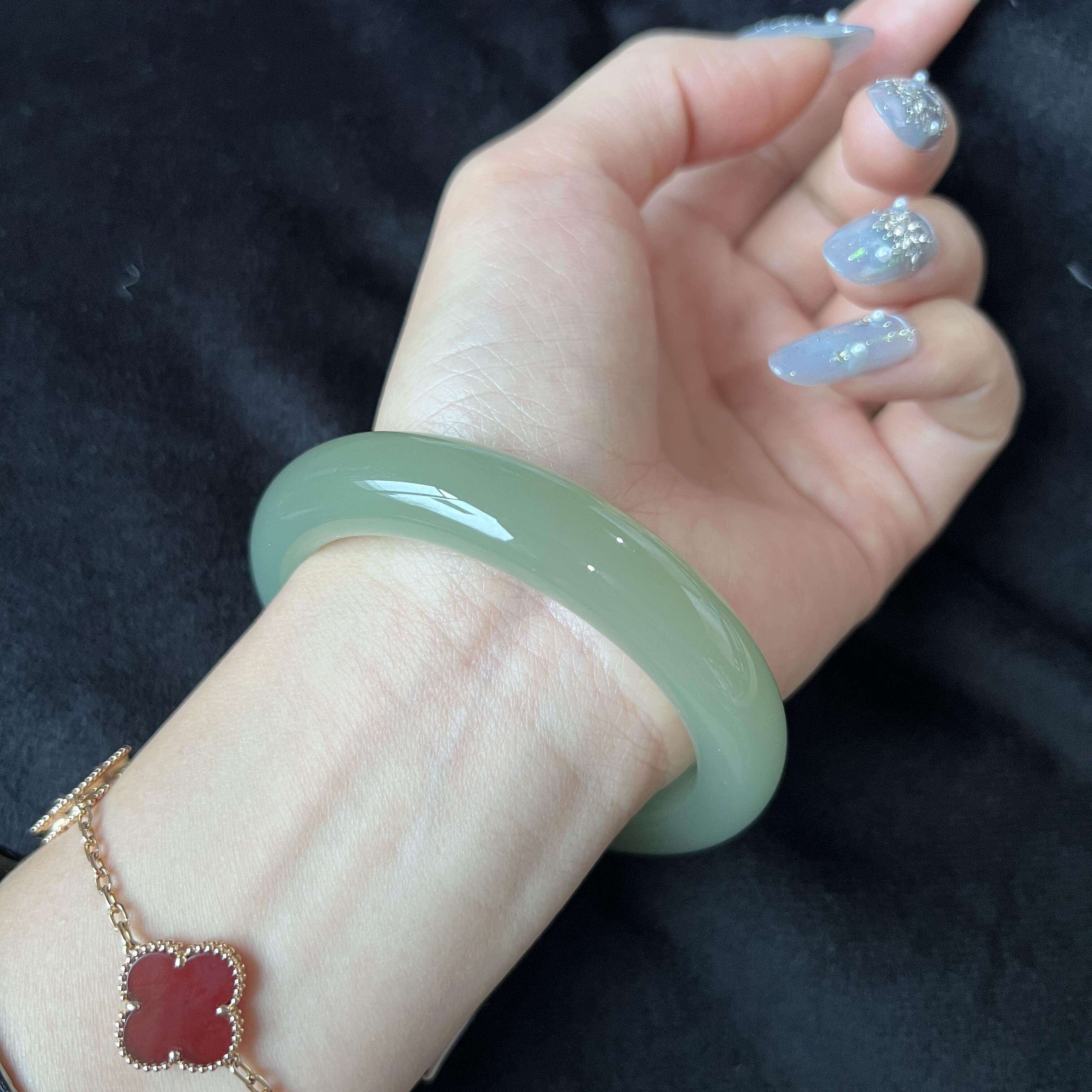 新疆和田玉晴水手镯女款扁条青白玉浅湖水绿茶色冰种天然少女玉镯