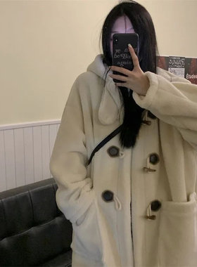 长款牛角扣羊羔毛外套女秋冬季羊