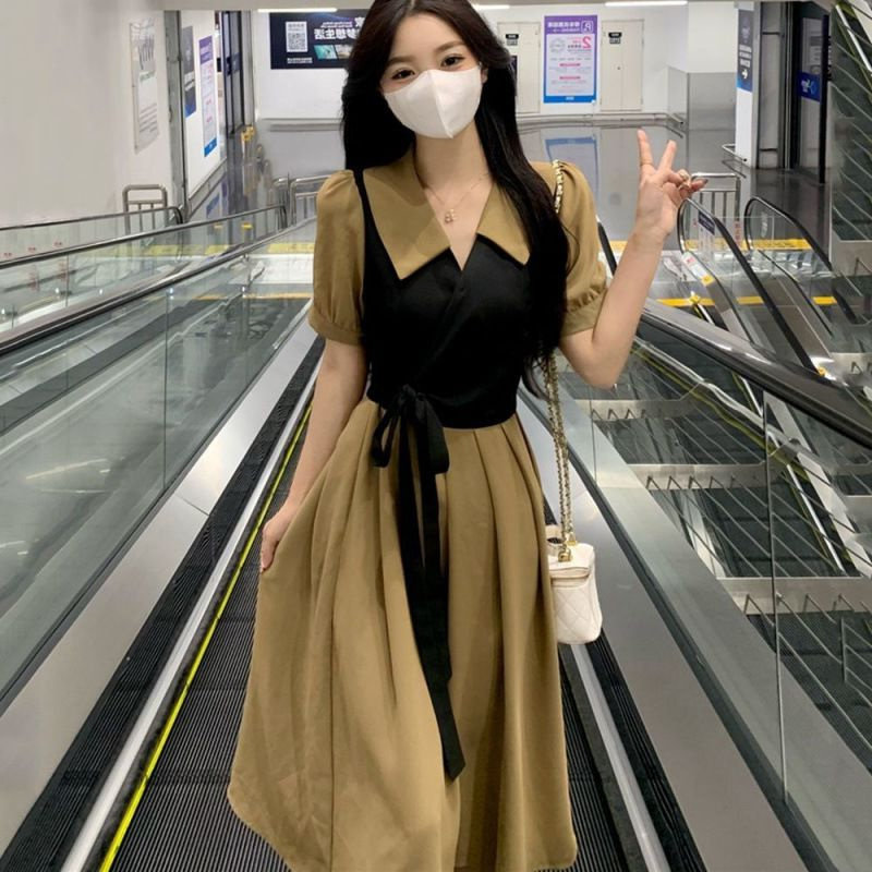 大码茶歇法式复古假两件连衣裙女图片