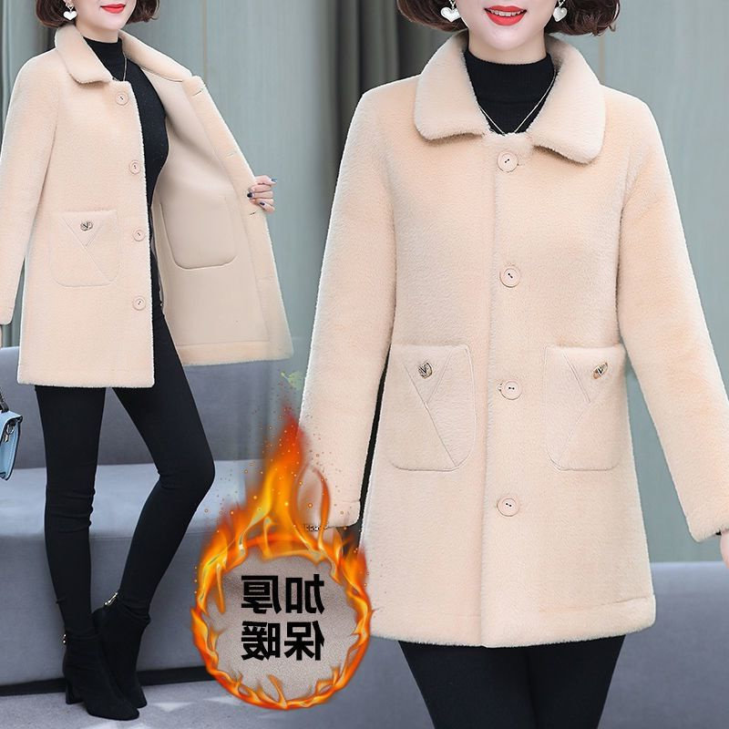 妈妈冬外套仿羊羔绒中长款新款洋气中老年女皮毛一体毛呢大衣