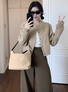 卡其色毛呢棒球服短外套女春季新