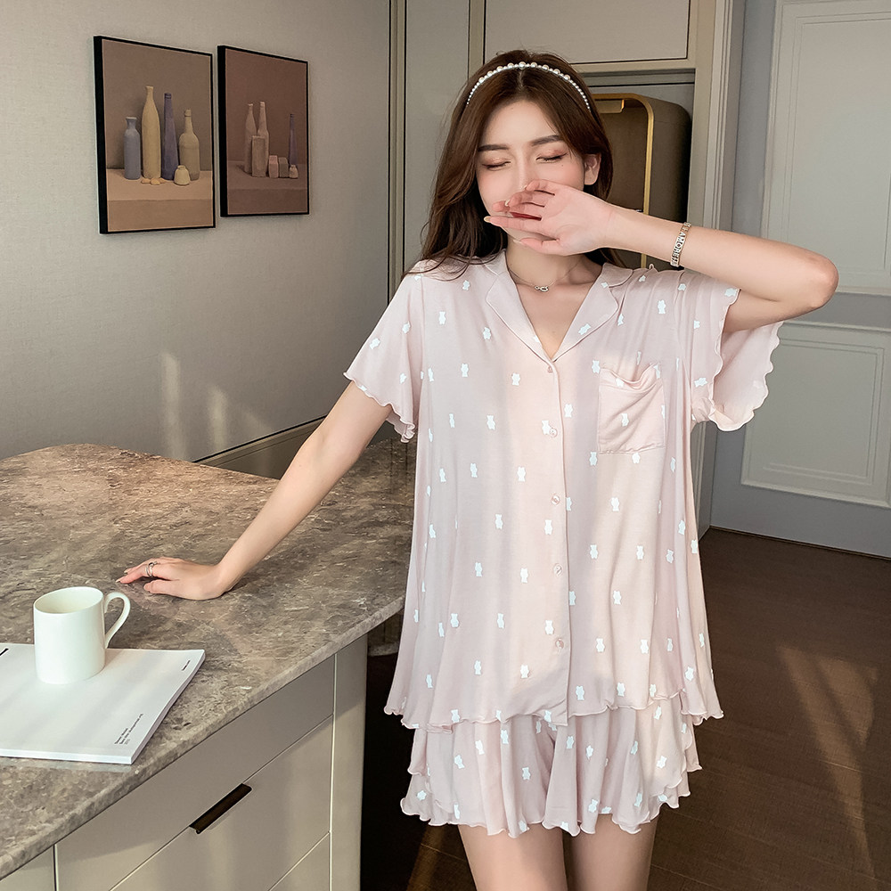 日系小熊莫代尔睡衣女夏天奶乎乎薄款短袖短裤纯棉甜美家居服套装