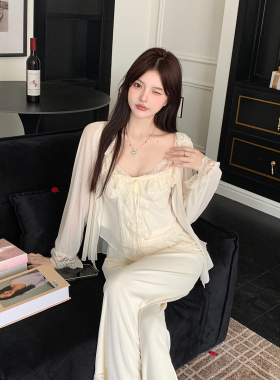 法式性感网纱睡衣女春秋款2025新款带胸垫三件套纯欲家居服套装夏