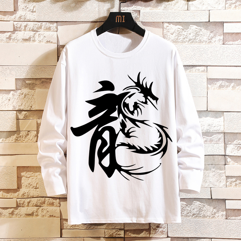 中国风龙图案长袖T恤宽松上衣服