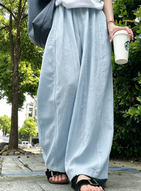 蓝色弯刀阔腿裤女夏季薄款2026新款高腰休闲裤宽松显瘦棉麻气球裤