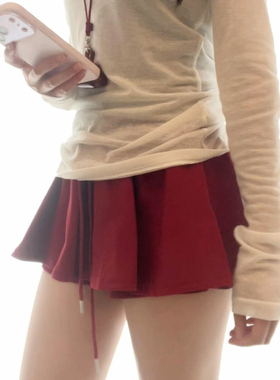红色运动短裙裤女夏季高腰防走光小个子网球裙a字显瘦百褶半身裙