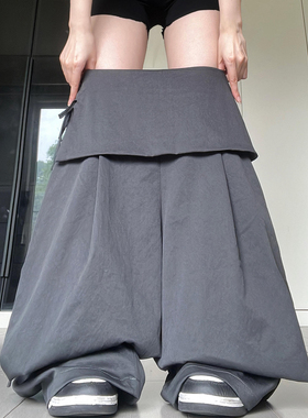灰色系带屁帘阔腿裤女夏季薄款高腰显瘦设计感假两件直筒西装裤子