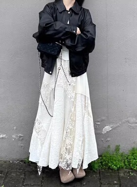 白色蕾丝拼接半身裙女2026年夏季新款高腰仙女风显瘦松紧腰A字裙