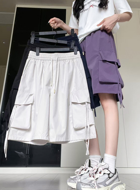 美式紫色大口袋工装短裤女夏季2026新款高腰宽松直筒运动五分裤子