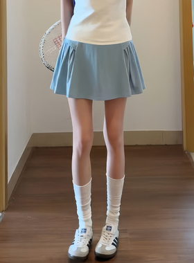 蓝色运动半身裙女夏季薄款2026新款百褶网球裙羽毛球瑜伽健身短裙