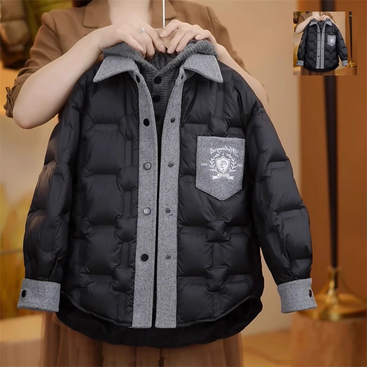 男童羽绒棉服冬季新款韩版中大童加厚外套帅气毛呢拼接轻薄棉衣15