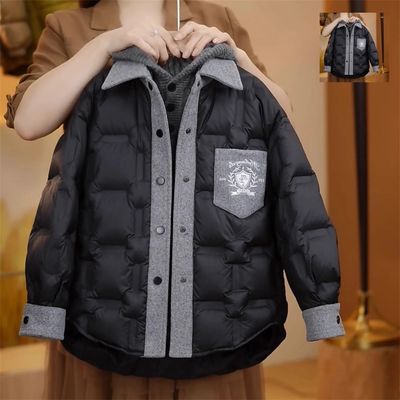 男童羽绒棉服冬季新款韩版中大童加厚外套帅气毛呢拼接轻薄棉衣15