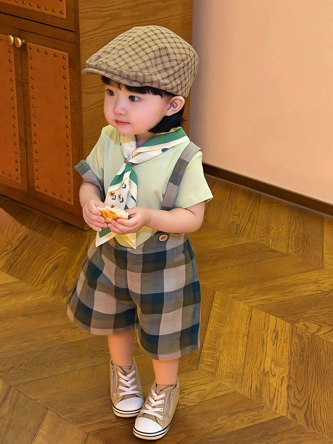 儿童男童背带裤套装夏季新款裤薄款格子T恤衣服宝宝帅气童装短袖