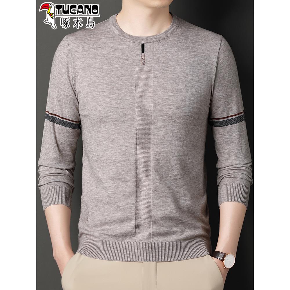 啄木鸟秋季男士圆领针织毛衣青年薄款休闲羊毛打底衫男装长袖T恤