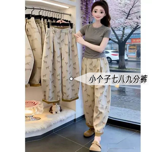 150小个子韩版小马印花气球阔腿裤女夏款九分直筒垂感显瘦牛仔裤s