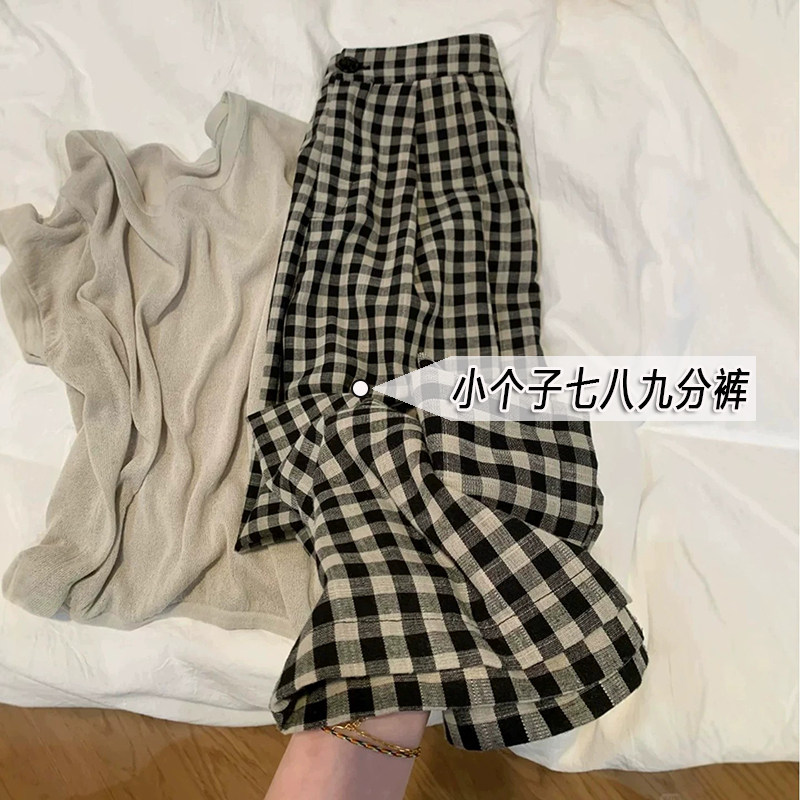 日系棉麻休闲裤女夏薄款小个子阔腿裤子九分显高宽松直筒格子裤xs