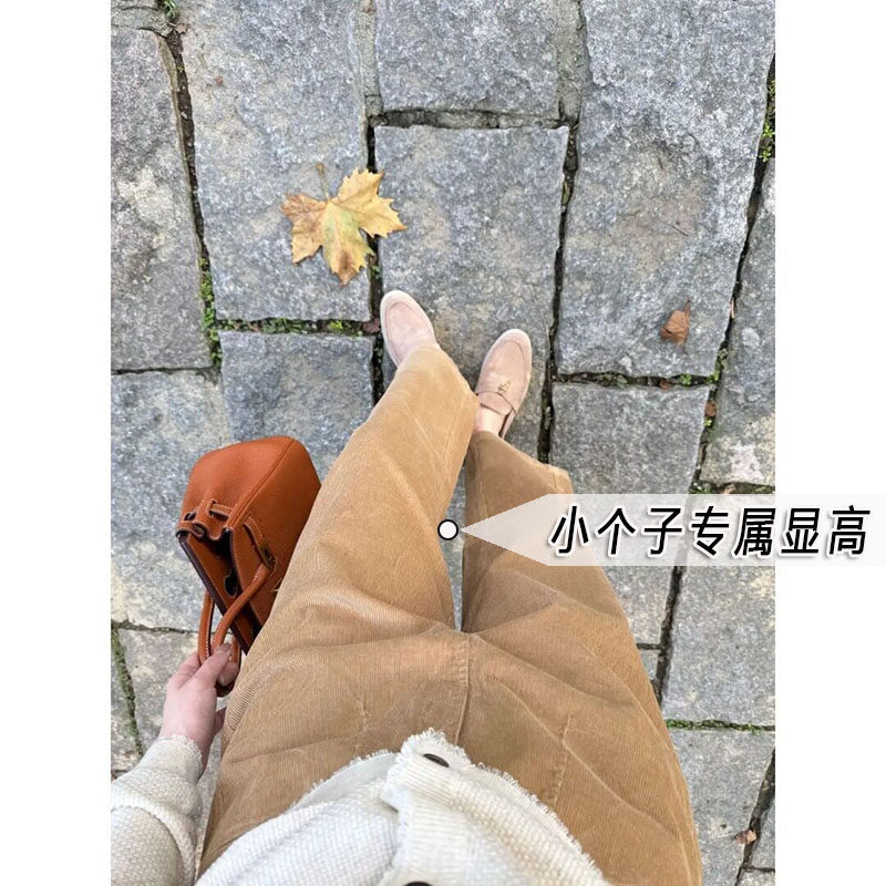九分南瓜色灯芯绒阔腿裤女小个子秋冬高腰显瘦遮肉直筒休闲裤xs码