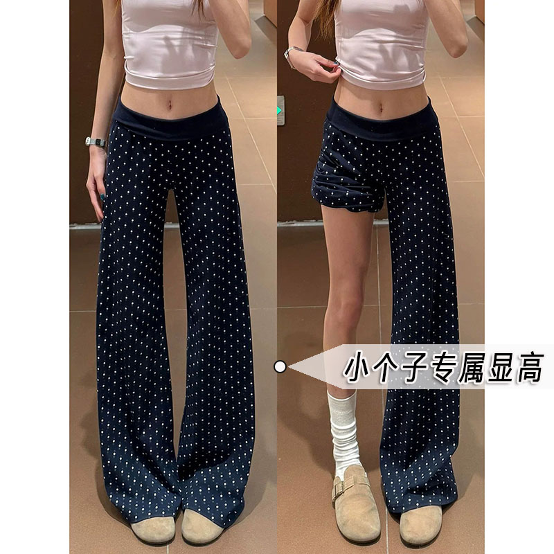 黑色波点高腰休闲微喇裤女夏季款小个子慵懒显瘦遮肉阔腿喇叭长裤
