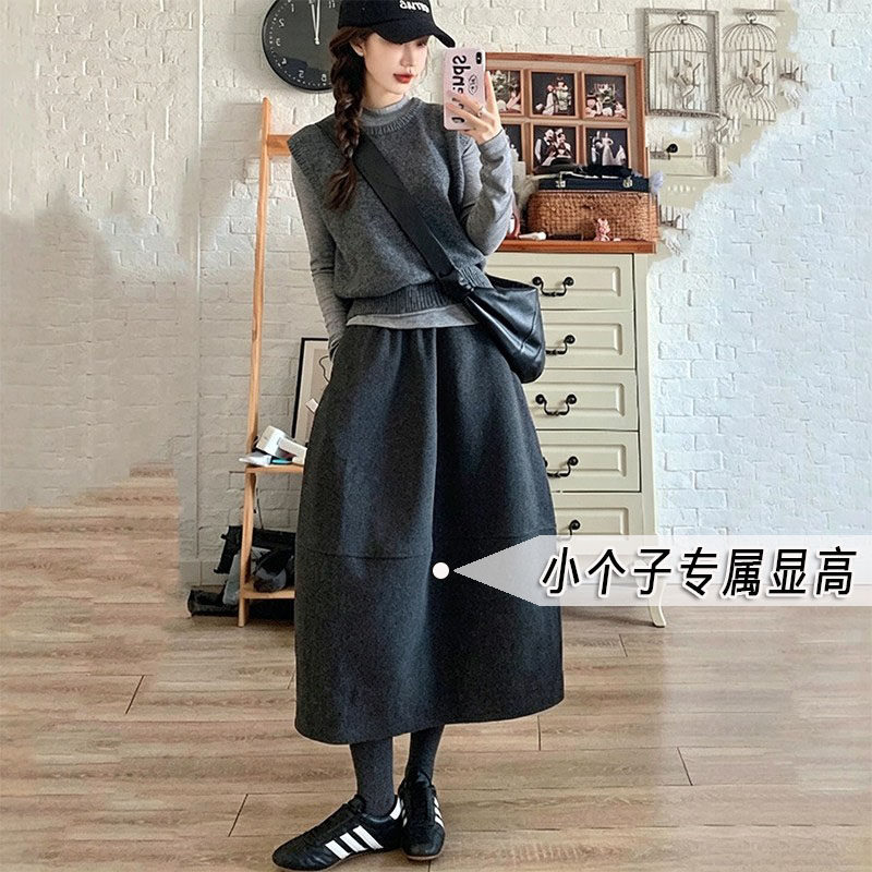 韩版时尚小个子深灰花苞半身A字裙女秋冬毛呢松紧腰显瘦宽松长裙s