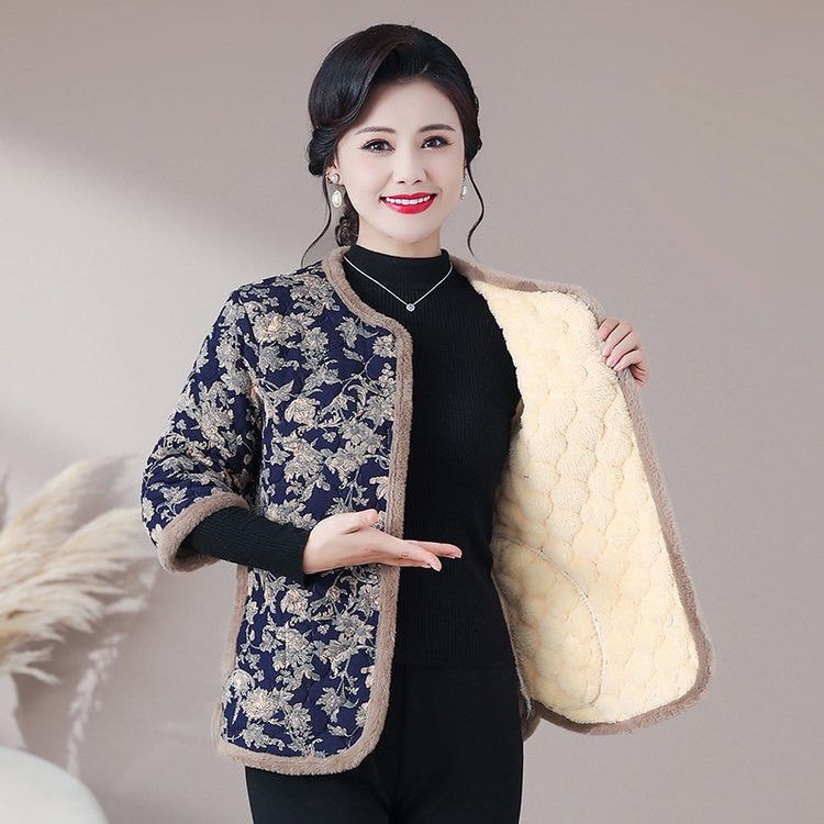 妈妈新中式秋冬装七分袖碎花棉马甲外套中老年女百搭棉袄保