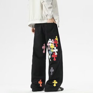 美式高街十字架印花牛仔裤男款夏季vibe风裤子小众设计感微喇裤潮